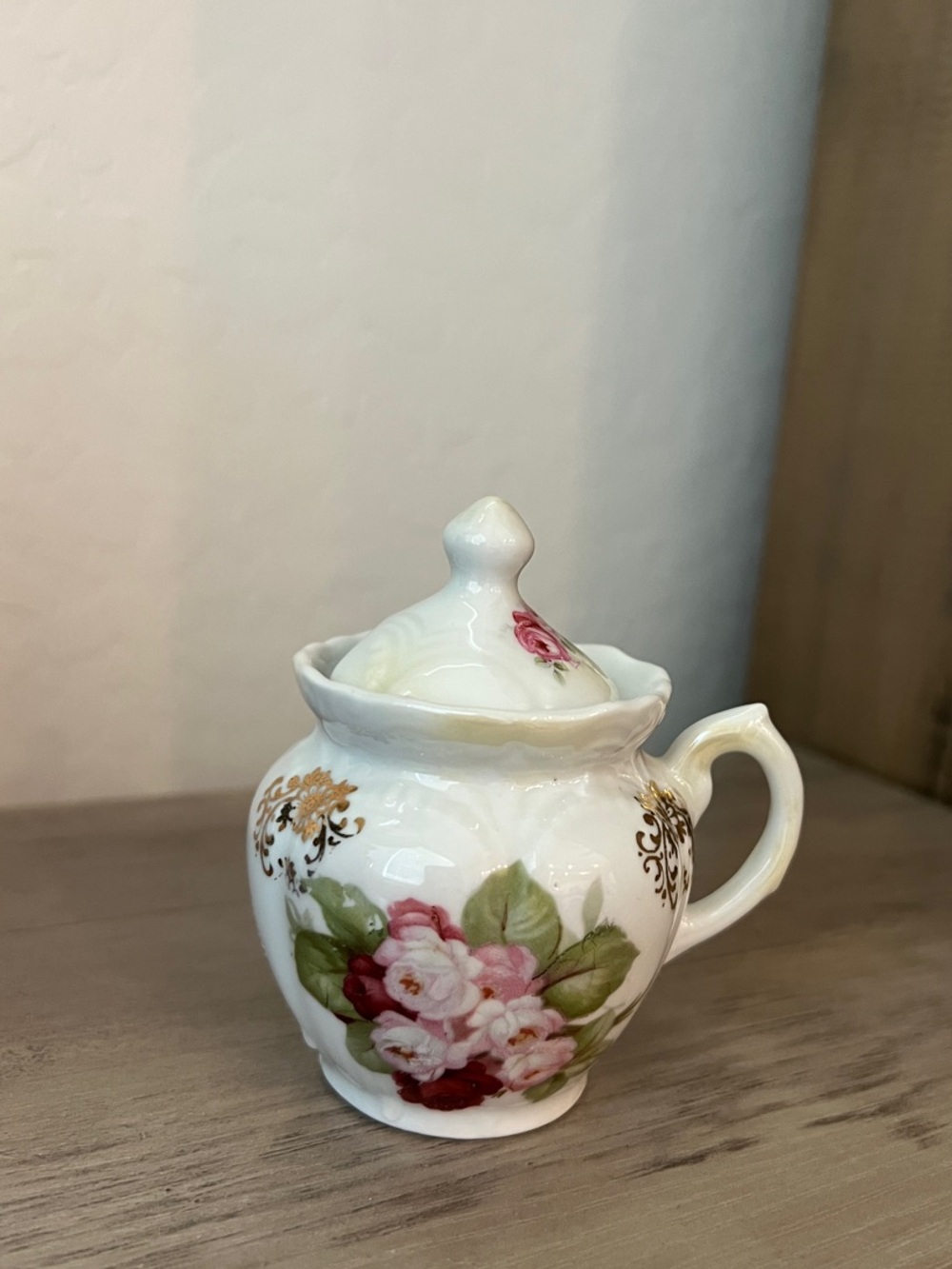 Vintage Porcelain miniature lidded Sugar Bowl- with floral decor
